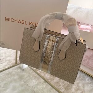 Michael Kors Beige Satchel with Gold and Silver Accents